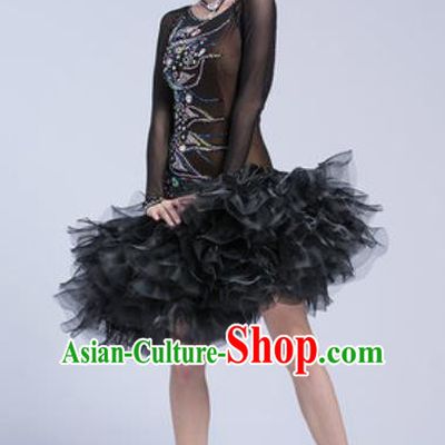 Top Latin Dance Competition Black Veil Short Dress Modern Dance International Rumba Dance Costume for Women