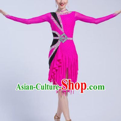 Top Latin Dance Competition Rosy Tassel Short Dress Modern Dance International Rumba Dance Costume for Women