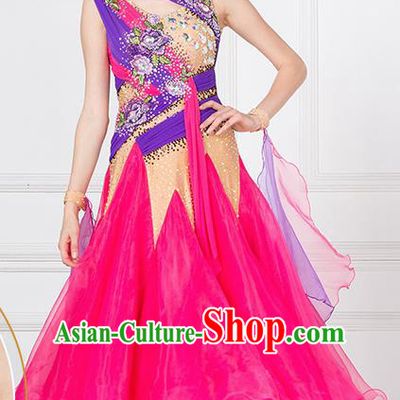Professional Modern Dance Waltz Competition Rosy Veil Dress International Ballroom Dance Costume for Women