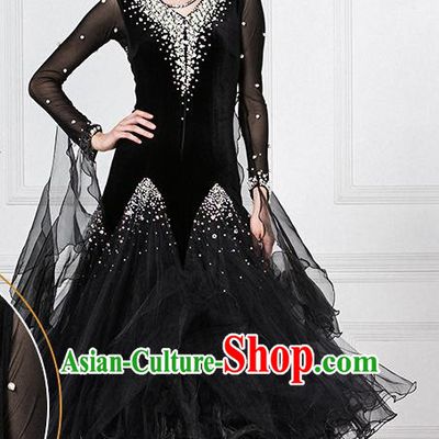 Professional Modern Dance Waltz Competition Black Dress International Ballroom Dance Costume for Women
