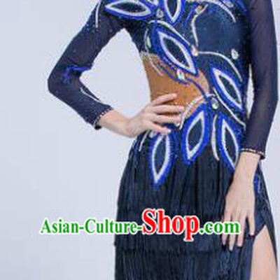 Top Latin Dance Competition Navy Tassel Dress Modern Dance International Rumba Dance Costume for Women
