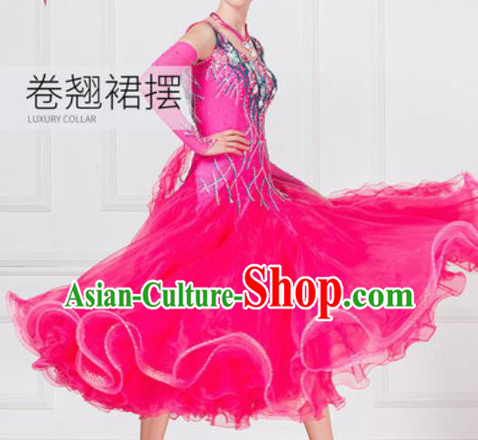 Professional Ballroom Dance Waltz Rosy Dress International Modern Dance Competition Costume for Women