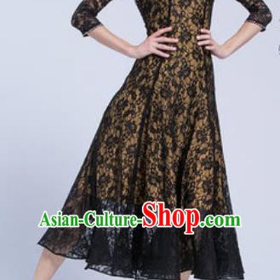 Professional Ballroom Dance Waltz Black Lace Dress International Modern Dance Competition Costume for Women
