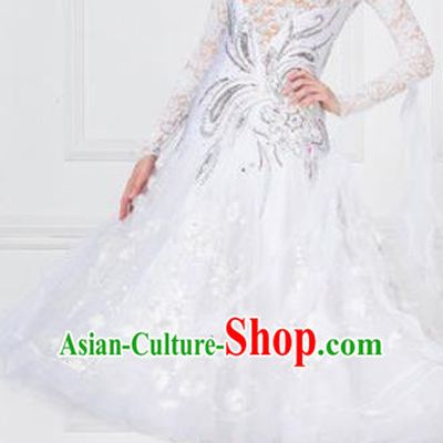 Professional Modern Dance Waltz White Lace Dress International Ballroom Dance Competition Costume for Women