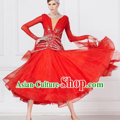 Professional Modern Dance Waltz Red Dress International Ballroom Dance Competition Costume for Women