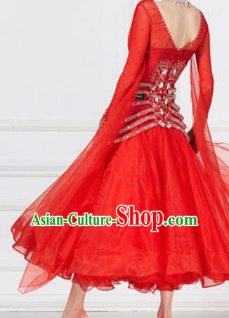 Professional Modern Dance Waltz Red Dress International Ballroom Dance Competition Costume for Women
