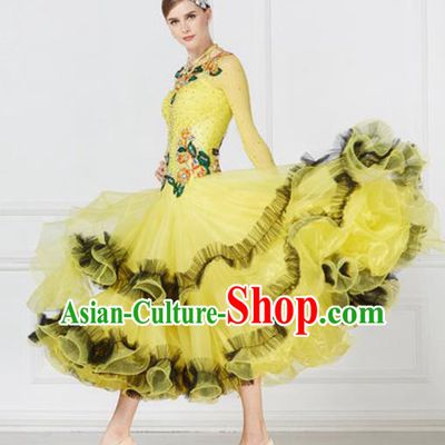 Top Grade Modern Dance Yellow Dress Ballroom Dance International Waltz Competition Costume for Women