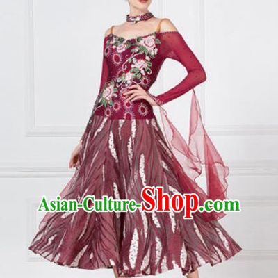 Top Grade Modern Dance Wine Red Dress Ballroom Dance International Waltz Competition Costume for Women