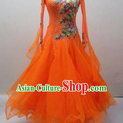 Top Waltz Competition Modern Dance Orange Dress Ballroom Dance International Dance Costume for Women