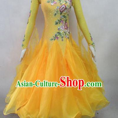 Top Waltz Competition Modern Dance Yellow Dress Ballroom Dance International Dance Costume for Women