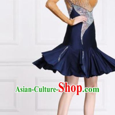 Professional Latin Dance Cha Cha Diamante Navy Dress Modern Dance International Samba Dance Competition Costume for Women