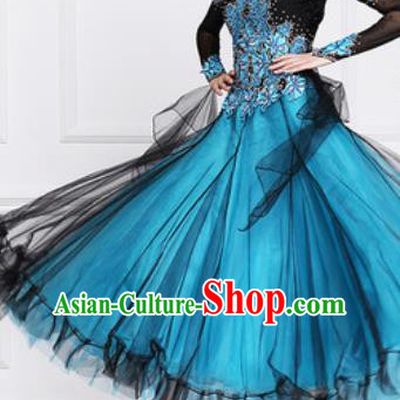 Top Waltz Competition Modern Dance Blue Dress Ballroom Dance International Dance Costume for Women