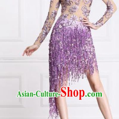 Professional Latin Dance Cha Cha Lilac Tassel Dress Modern Dance International Samba Dance Competition Costume for Women