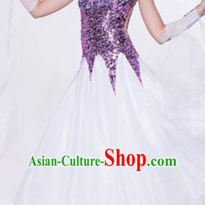 Professional Waltz Competition Modern Dance Purple Sequins Bubble Dress Ballroom Dance International Dance Costume for Women