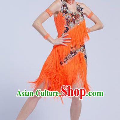 Professional Latin Dance Competition Orange Tassel Dress Modern Dance International Rumba Dance Costume for Women