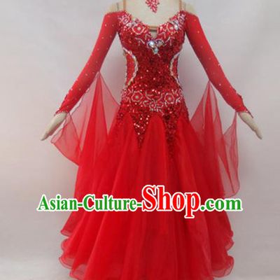 Professional Waltz Dance Red Sequins Dress Modern Dance Ballroom Dance International Dance Costume for Women