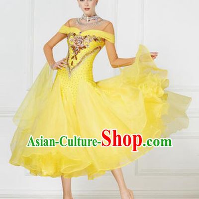 Top Grade Modern Dance Yellow Veil Dress Ballroom Dance International Waltz Competition Costume for Women