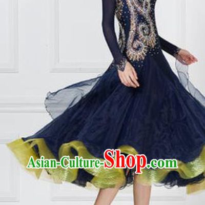 Top Grade Modern Dance Navy Veil Dress Ballroom Dance International Waltz Competition Costume for Women