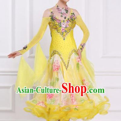 Top Grade Modern Dance Yellow Veil Dress Ballroom Dance International Waltz Competition Costume for Women