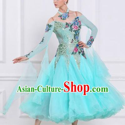 Top Grade Modern Dance Light Blue Veil Dress Ballroom Dance International Waltz Competition Costume for Women