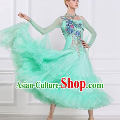 Top Grade Modern Dance Light Green Veil Dress Ballroom Dance International Waltz Competition Costume for Women