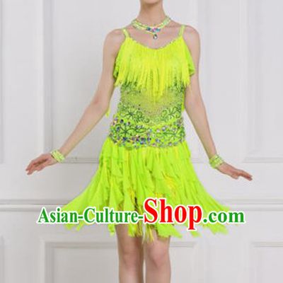 Professional Latin Dance Competition Green Tassel Dress Modern Dance International Rumba Dance Costume for Women