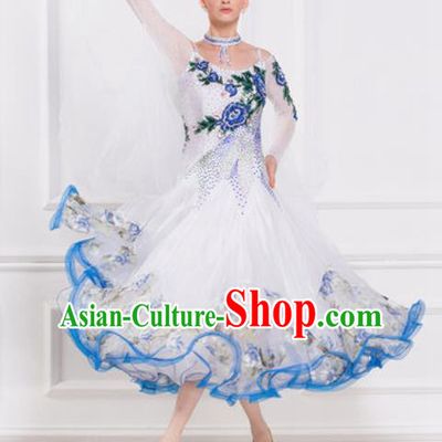 Top Grade Modern Dance Embroidered White Dress Ballroom Dance International Waltz Competition Costume for Women