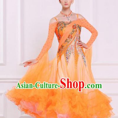 Top Waltz Competition Modern Dance Diamante Orange Dress Ballroom Dance International Dance Costume for Women