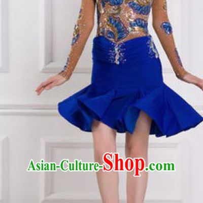 Professional Latin Dance Competition Diamante Royalblue Dress Modern Dance International Rumba Dance Costume for Women