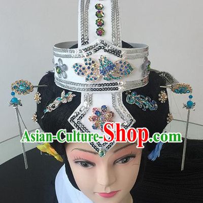 Chinese Beijing Opera Taoist Nun White Headgear Traditional Peking Opera Diva Wig Sheath and Hair Accessories for Women
