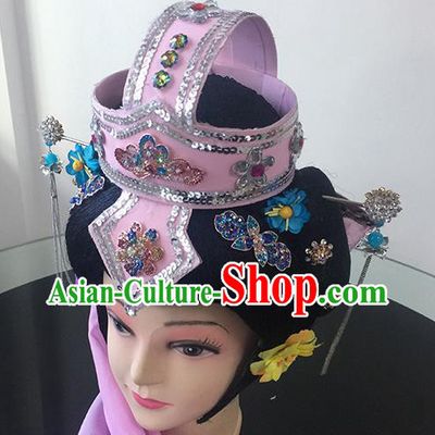 Chinese Beijing Opera Taoist Nun Pink Headgear Traditional Peking Opera Diva Wig Sheath and Hair Accessories for Women