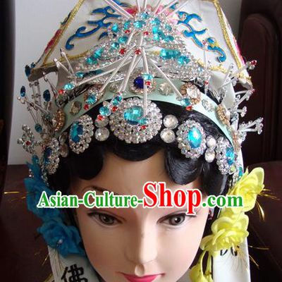 Chinese Beijing Opera Taoist Nun White Hat Headgear Traditional Peking Opera Wig Sheath and Hair Accessories for Women