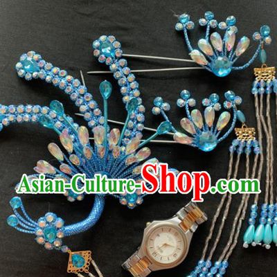 Chinese Beijing Opera Diva Blue Phoenix Tassel Hairpins Headgear Traditional Peking Opera Queen Hair Accessories for Women