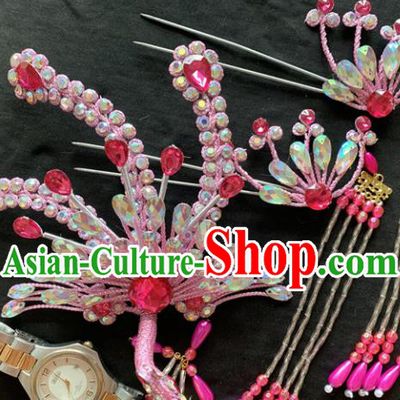 Chinese Beijing Opera Diva Pink Phoenix Tassel Hairpins Headgear Traditional Peking Opera Queen Hair Accessories for Women