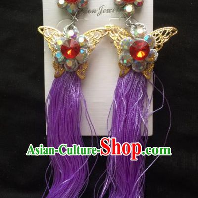 Chinese Beijing Opera Diva Purple Tassel Butterfly Earrings Traditional Peking Opera Princess Ear Accessories for Women