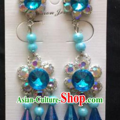 Chinese Beijing Opera Diva Blue Beads Tassel Earrings Traditional Peking Opera Princess Ear Accessories for Women