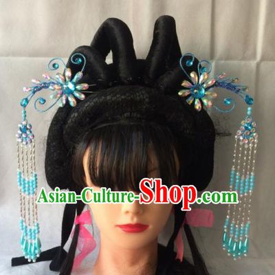 Chinese Beijing Opera Diva Blue Phoenix Hairpins Traditional Peking Opera Princess Hair Accessories for Women