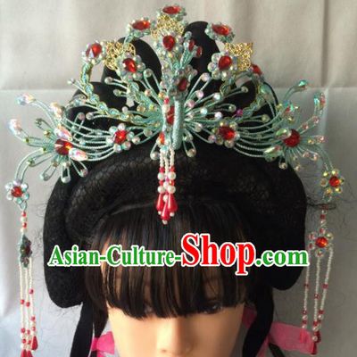 Chinese Beijing Opera Diva Green Phoenix Coronet Hairpins Traditional Peking Opera Queen Hair Accessories for Women