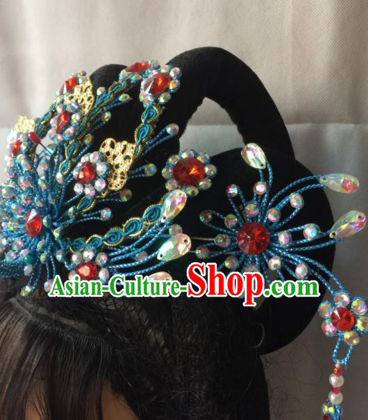 Chinese Beijing Opera Diva Blue Phoenix Coronet Hairpins Traditional Peking Opera Queen Hair Accessories for Women