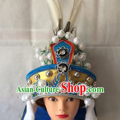 Chinese Beijing Opera Takefu Blue Hat Traditional Peking Opera Swordsman Helmet Headwear for Men
