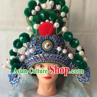 Chinese Beijing Opera Royal Highness Green Hat Traditional Peking Opera Swordsman Helmet Headwear for Men