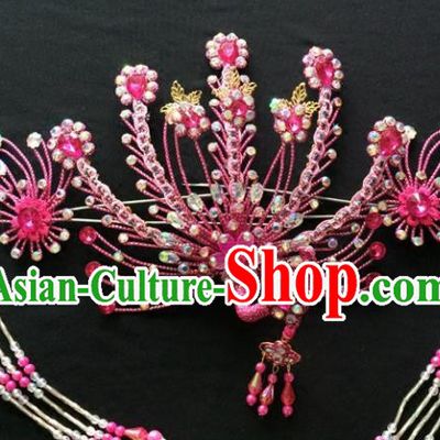 Chinese Beijing Opera Diva Rosy Phoenix Hair Crown Traditional Peking Opera Queen Hairpins Hair Accessories for Women