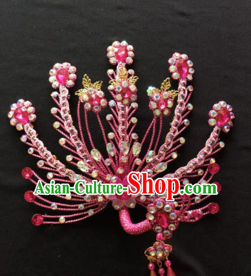 Chinese Beijing Opera Diva Rosy Phoenix Hair Crown Traditional Peking Opera Queen Hairpins Hair Accessories for Women