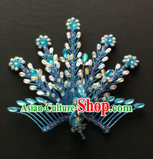 Chinese Beijing Opera Diva Blue Phoenix Hair Crown Traditional Peking Opera Queen Hairpins Hair Accessories for Women