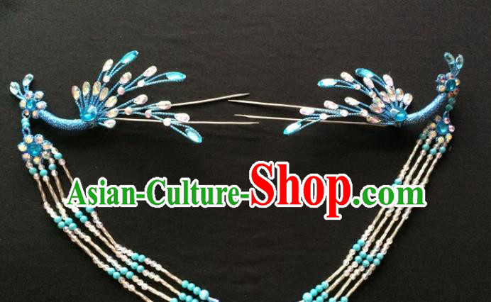 Chinese Beijing Opera Diva Blue Phoenix Hair Crown Traditional Peking Opera Queen Hairpins Hair Accessories for Women