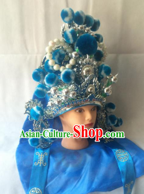 Chinese Beijing Opera Imperial Bodyguard Blue Hat Traditional Peking Opera Takefu Headwear for Men Chinese Beijing Opera Imperial Bodyguard Blue Hat Traditional Peking Opera Takefu Headwear for Men
