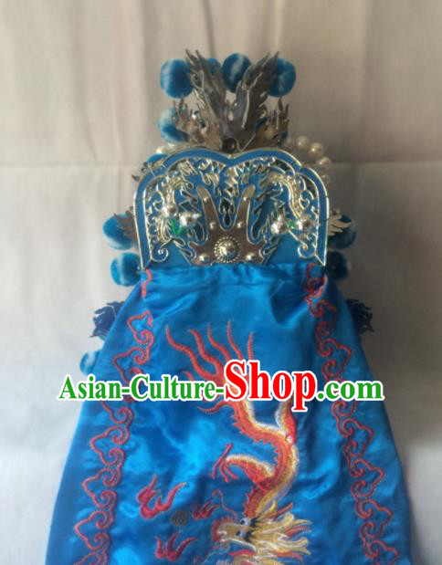 Chinese Beijing Opera Imperial Bodyguard Blue Hat Traditional Peking Opera Takefu Headwear for Men Chinese Beijing Opera Imperial Bodyguard Blue Hat Traditional Peking Opera Takefu Headwear for Men