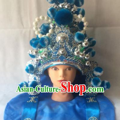 Chinese Beijing Opera Imperial Bodyguard Blue Hat Traditional Peking Opera Takefu Headwear for Men