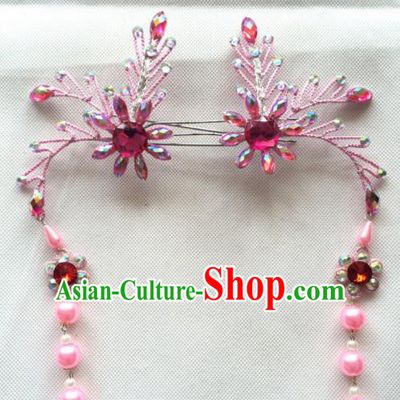 Chinese Beijing Opera Princess Pink Tassel Hairpins Traditional Peking Opera Diva Hair Accessories for Women