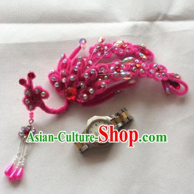 Chinese Beijing Opera Princess Rosy Velvet Phoenix Hairpins Traditional Peking Opera Diva Hair Accessories for Women